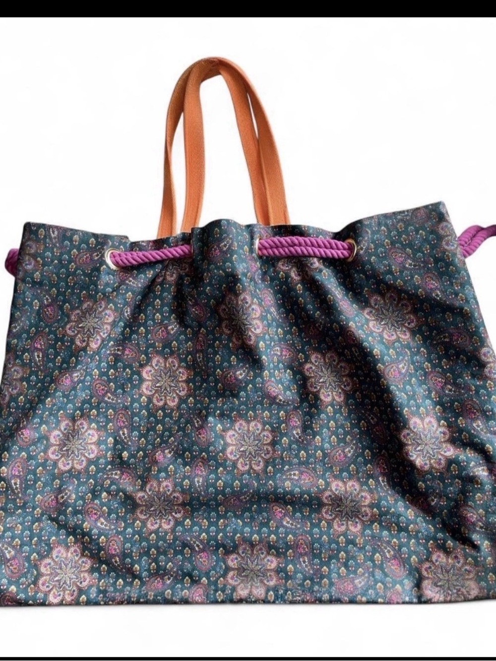 Marc Jacobs XL Boho Paisley Tote Bag with Purple Rope & Orange Handles EUC - Picture 15 of 15